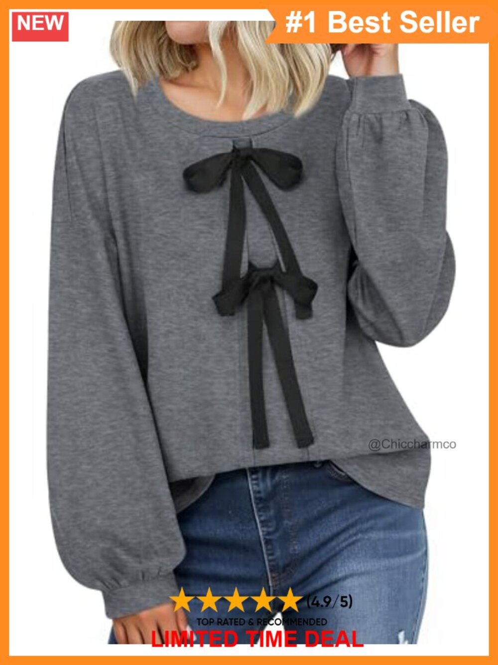 Women's Tie Front Knit Tunic Top Long Lantern Sleeve Crewneck A-Line Pullover